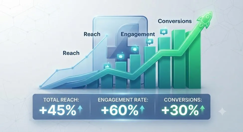Analytics showing growth in reach, engagement, and conversions