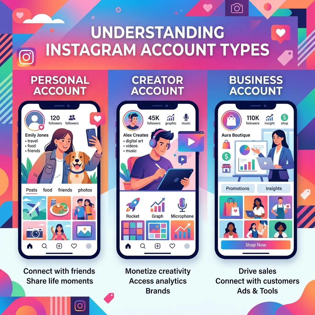Illustration representing different types of Instagram accounts: personal, creator, and business.