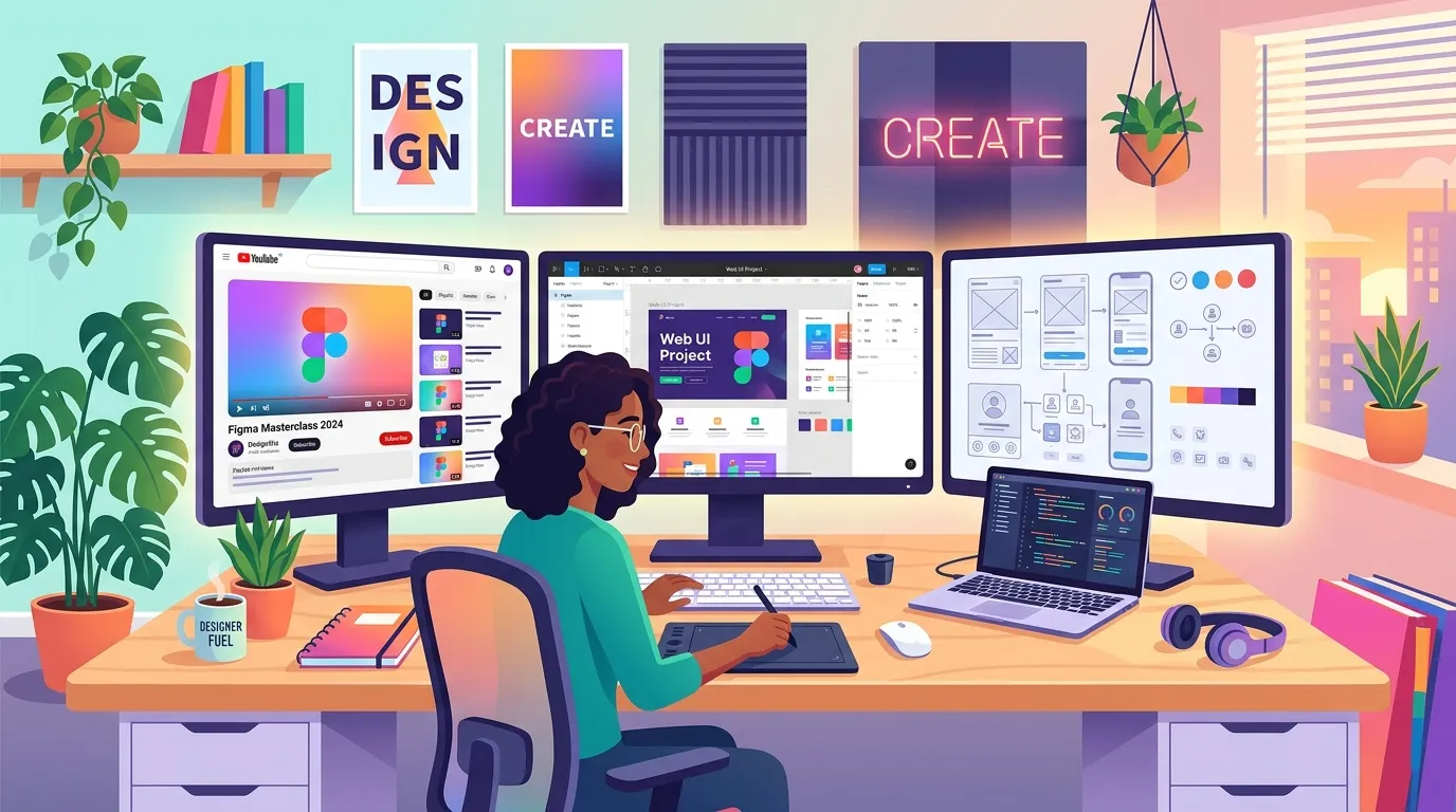 Web designer watching YouTube tutorials on multiple monitors