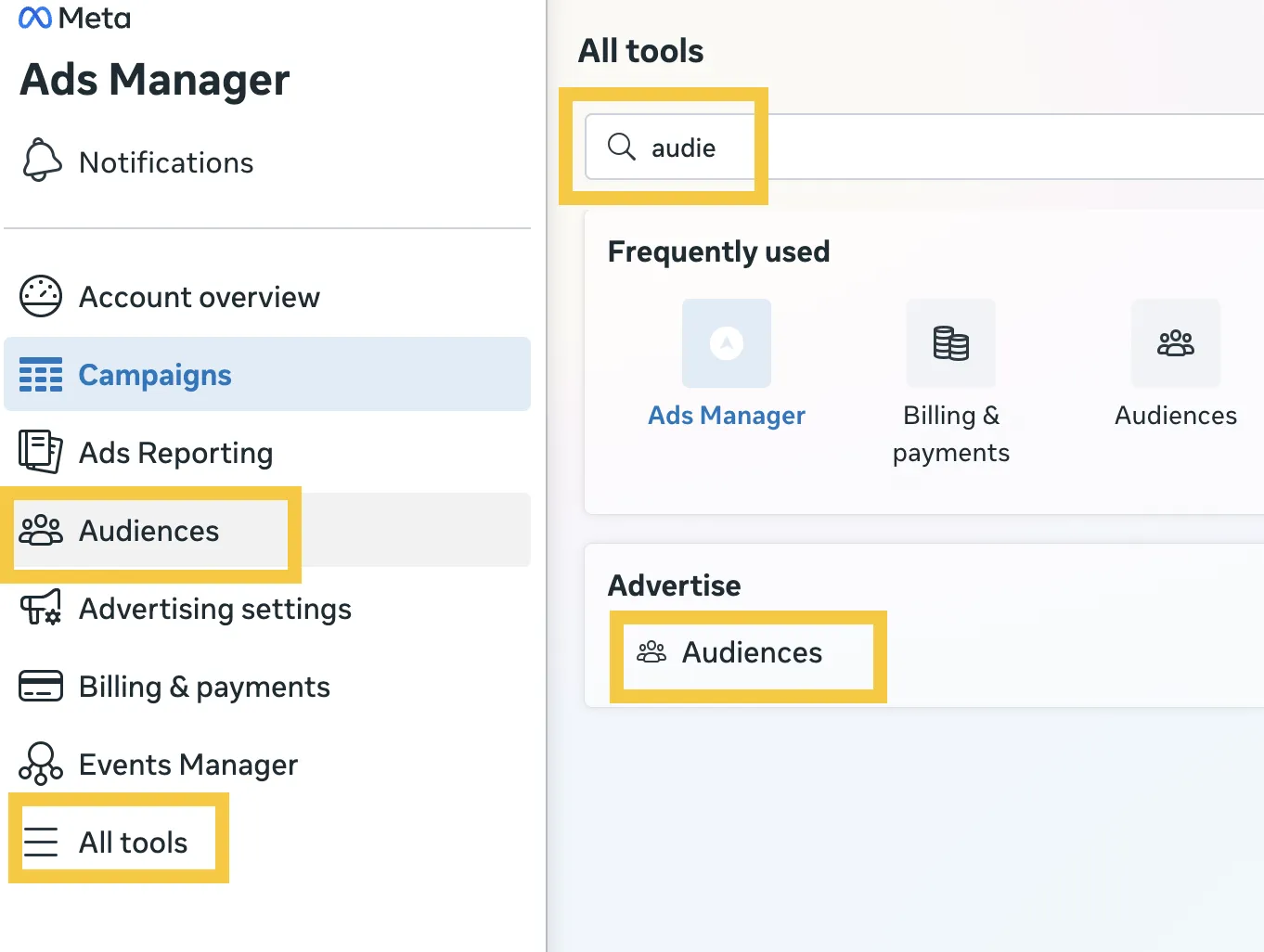 Open Audiences in Meta Ads Manager Menu