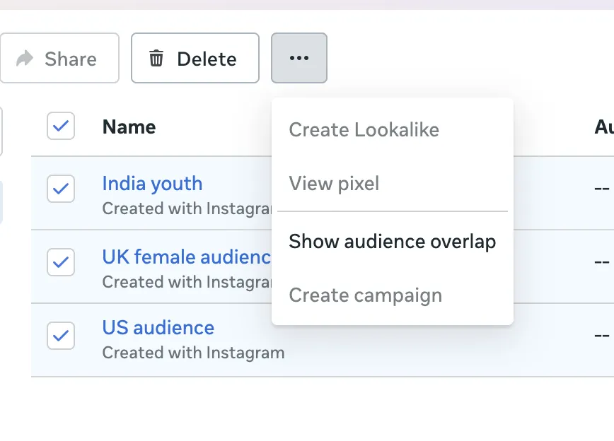 Show Audience Overlap Dropdown Option in Meta Ads Manager
