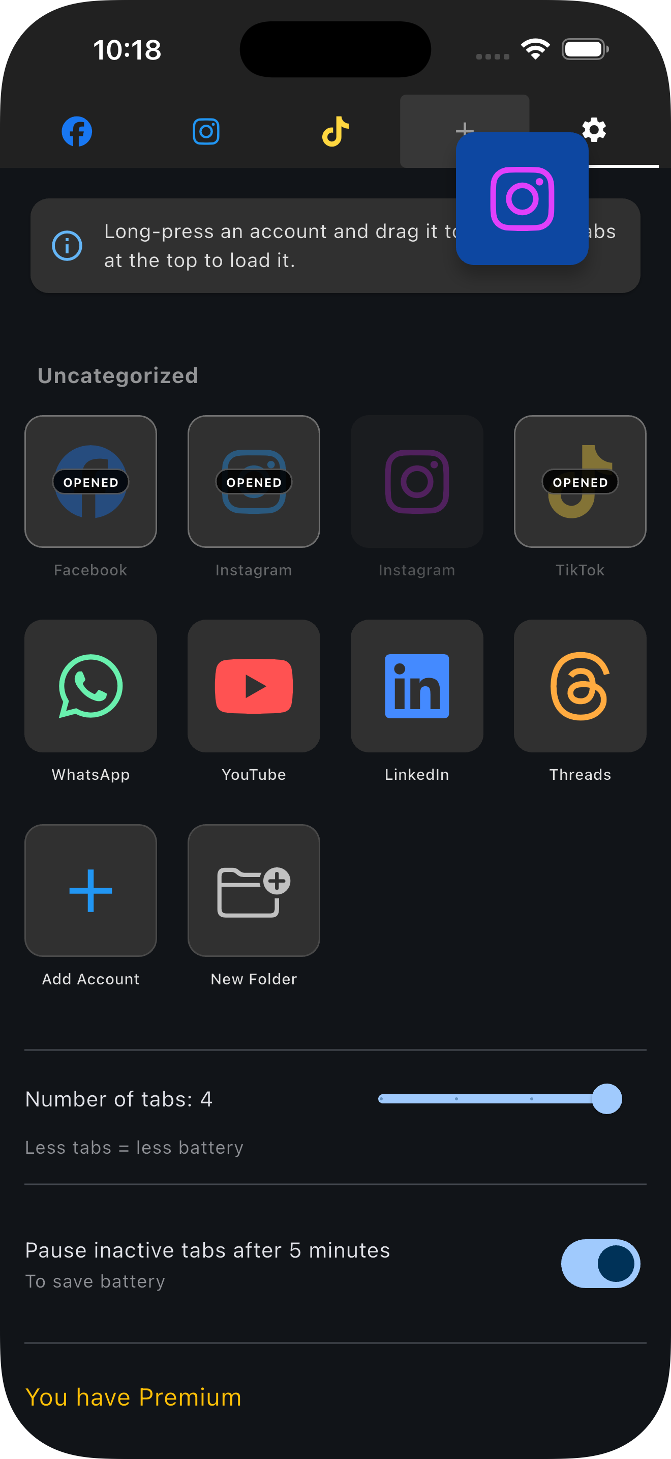 Drag and drop accounts onto tabs for easy organization